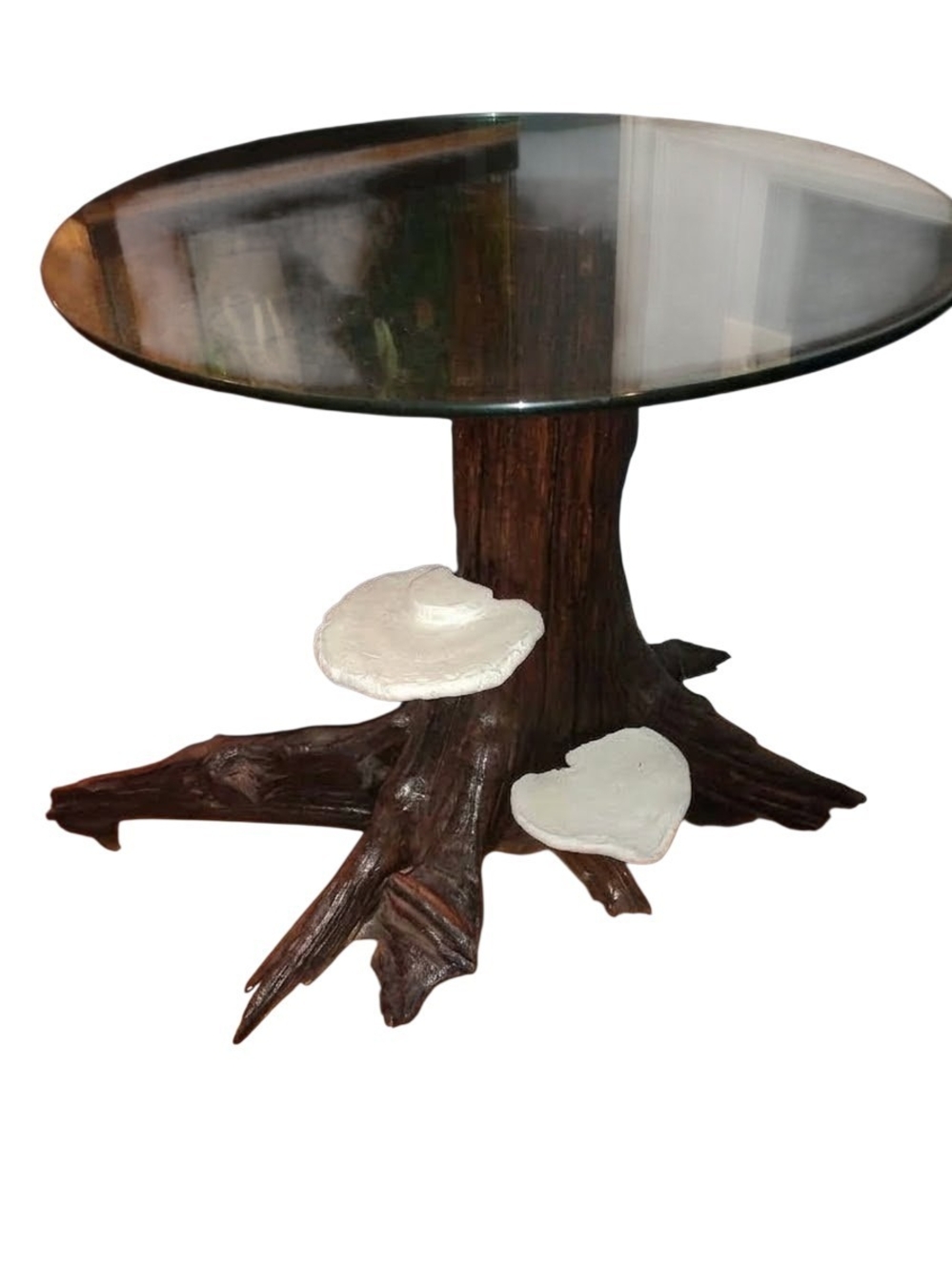 Home Made Wood Dift Table with White Mushrooms Shelf Accents